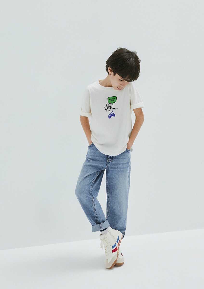 Mavi Baskılı Ekru Oversize Çocuk Tişört 6610421-70057 - 1