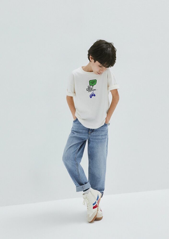 Mavi Baskılı Ekru Oversize Çocuk Tişört 6610421-70057