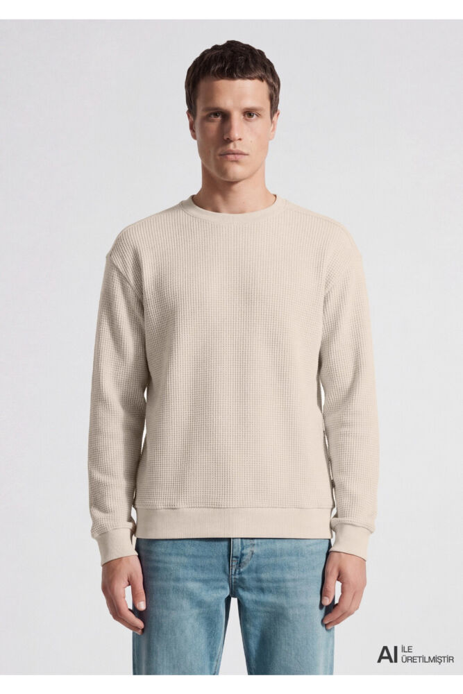 Mavi Bisiklet Yaka Dokulu Bej Regular Fit Erkek Sweatshirt 0S20173-70134 (1)