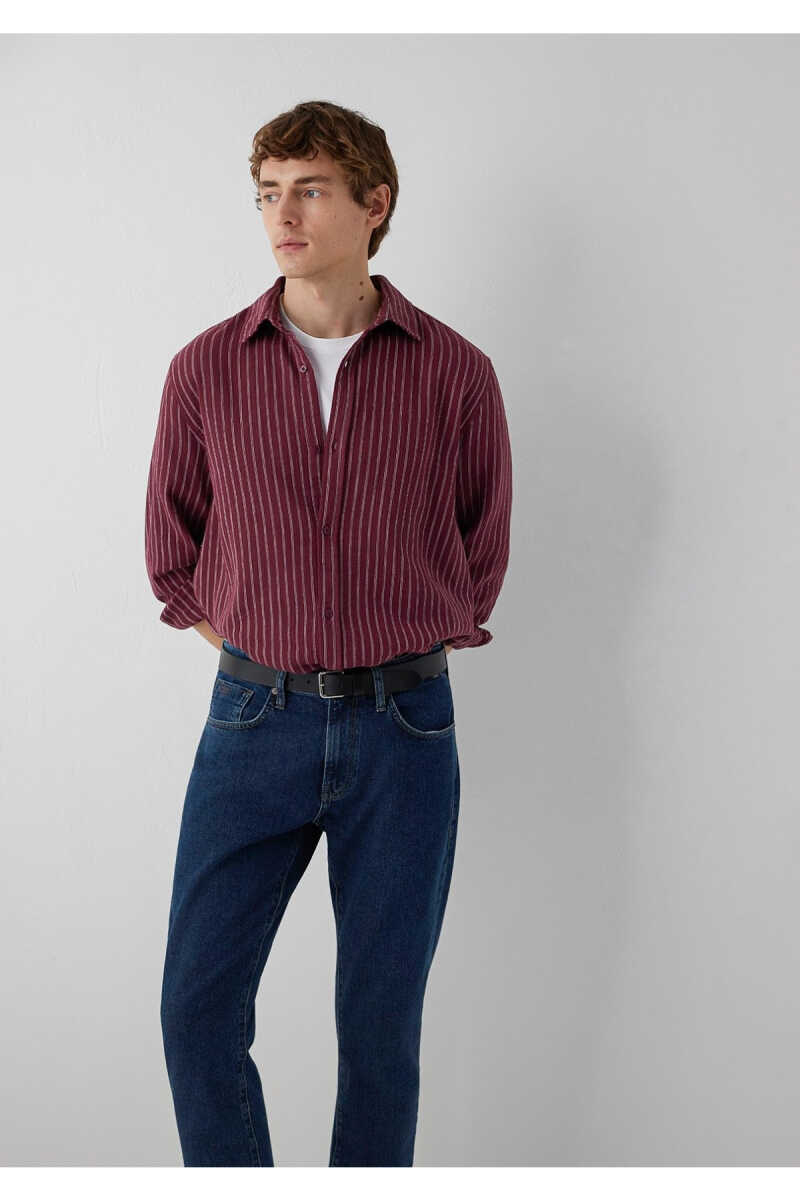 Mavi Çizgili Bordo Loose Fit Erkek Gömlek 0211969-A7374 - 1