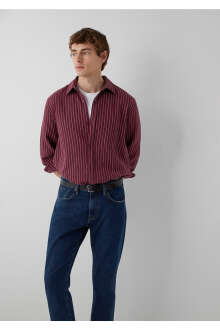 Mavi Çizgili Bordo Loose Fit Erkek Gömlek 0211969-A7374