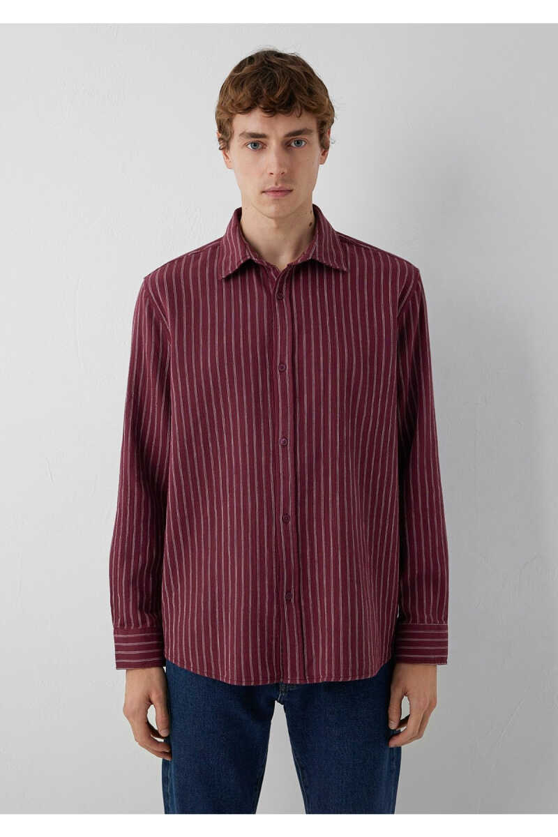 Mavi Çizgili Bordo Loose Fit Erkek Gömlek 0211969-A7374 - 3