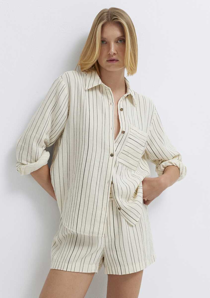 Mavi Çizgili Ekru Loose Fit Kadın Gömlek 1211468-84004 - 1