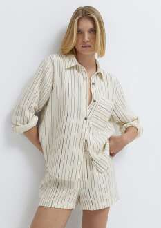 Mavi Çizgili Ekru Loose Fit Kadın Gömlek 1211468-84004