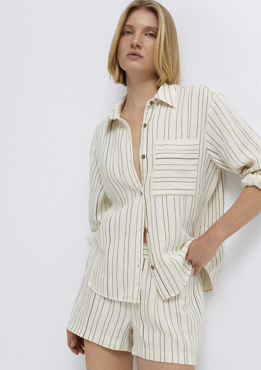 Mavi Çizgili Ekru Loose Fit Kadın Gömlek 1211468-84004 - 2