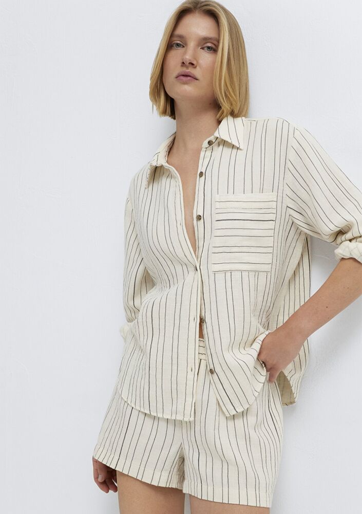 Mavi Çizgili Ekru Loose Fit Kadın Gömlek 1211468-84004 (1)