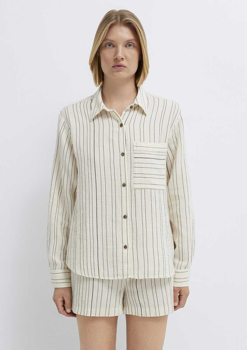 Mavi Çizgili Ekru Loose Fit Kadın Gömlek 1211468-84004 - 3