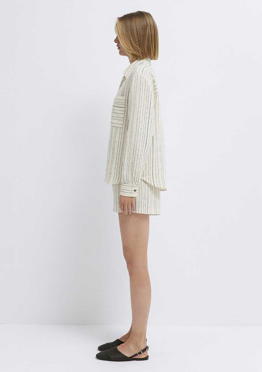 Mavi Çizgili Ekru Loose Fit Kadın Gömlek 1211468-84004 - 4