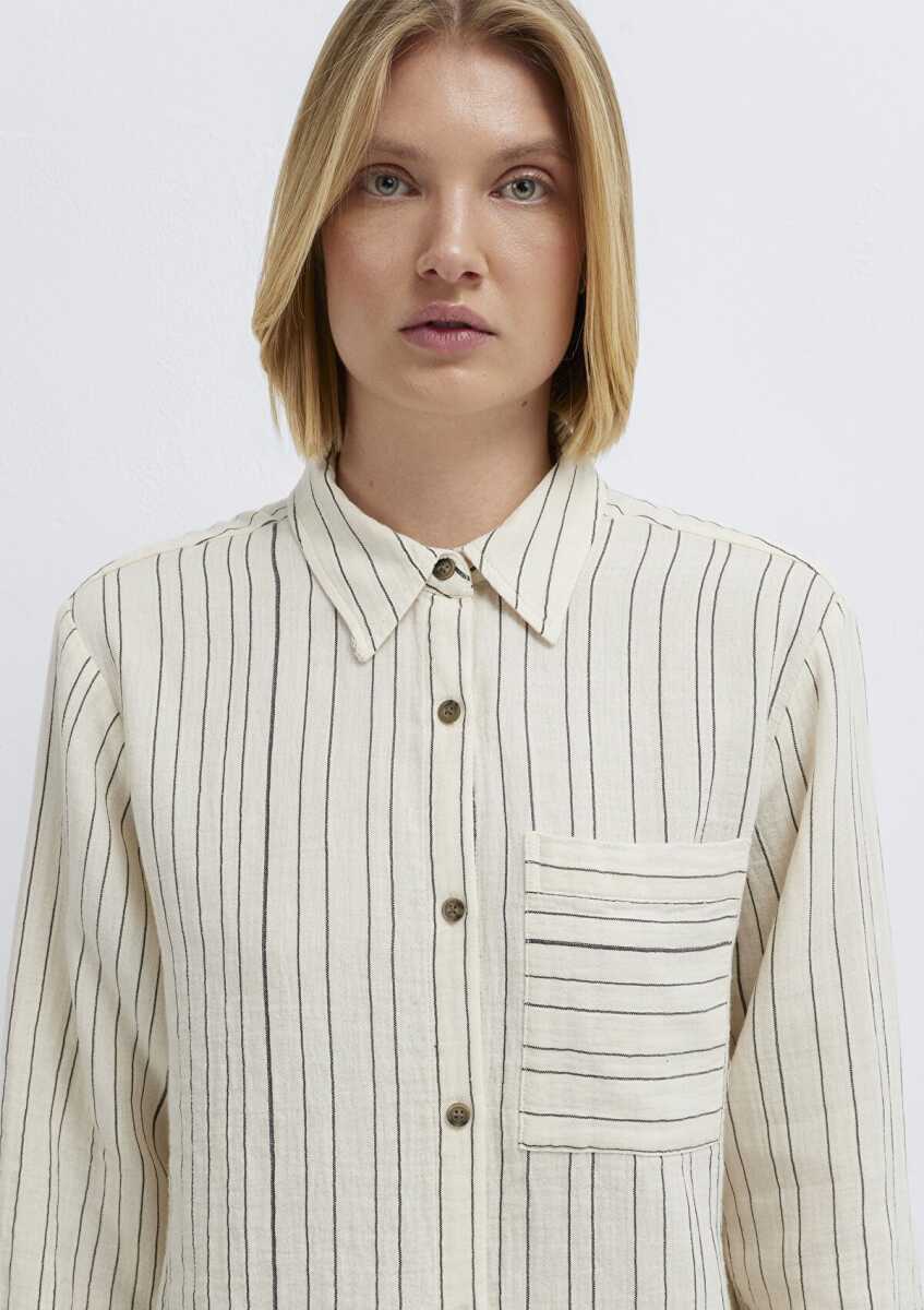 Mavi Çizgili Ekru Loose Fit Kadın Gömlek 1211468-84004 - 5