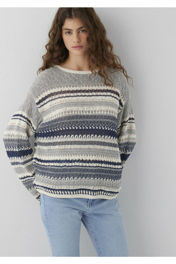Mavi Çizgili Jakarlı Gri Loose Fit Kadın Kazak Kazak 1710973-84057
