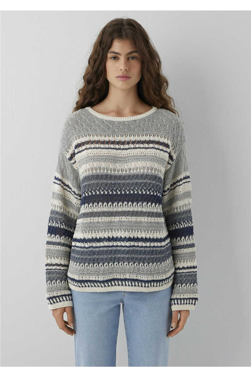 Mavi Çizgili Jakarlı Gri Loose Fit Kadın Kazak Kazak 1710973-84057 - 3