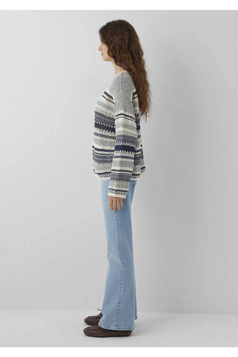 Mavi Çizgili Jakarlı Gri Loose Fit Kadın Kazak Kazak 1710973-84057 - 4