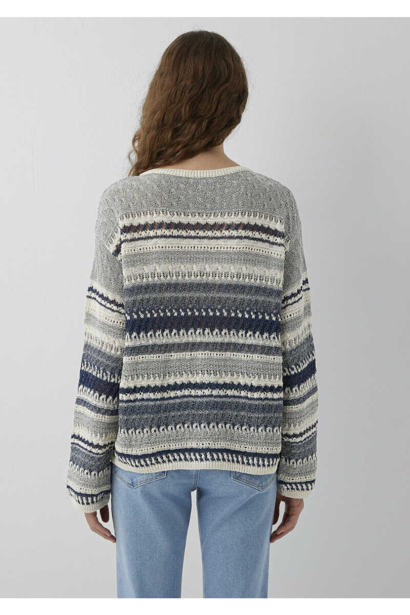 Mavi Çizgili Jakarlı Gri Loose Fit Kadın Kazak Kazak 1710973-84057 - 5