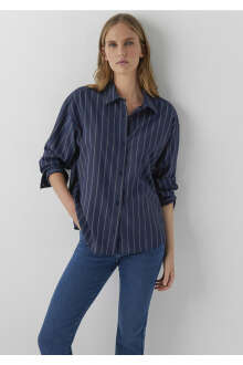 Mavi Çizgili Lacivert Oversize Kadın Gömlek 1220417-89853