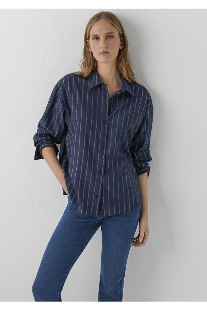 Mavi Çizgili Lacivert Oversize Kadın Gömlek 1220417-89853
