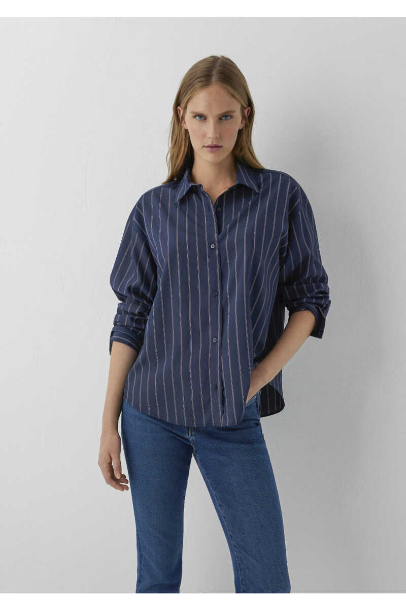 Mavi Çizgili Lacivert Oversize Kadın Gömlek 1220417-89853 - 2