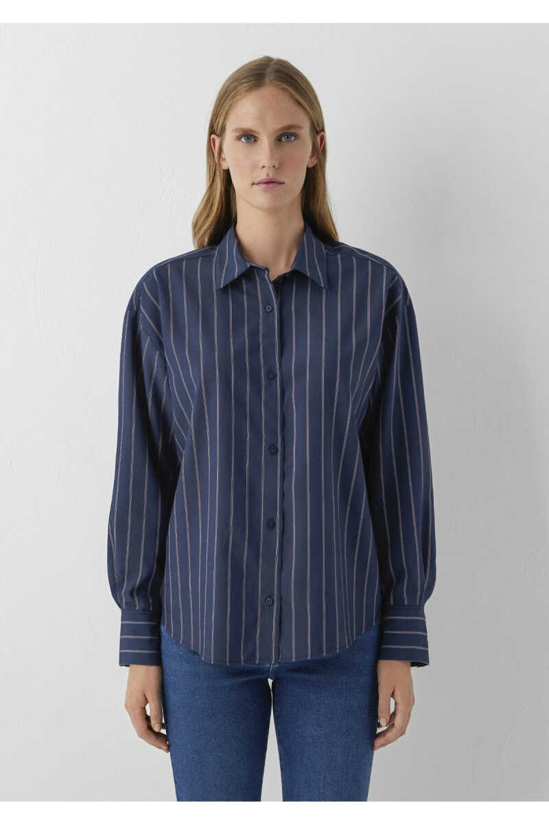 Mavi Çizgili Lacivert Oversize Kadın Gömlek 1220417-89853 - 3
