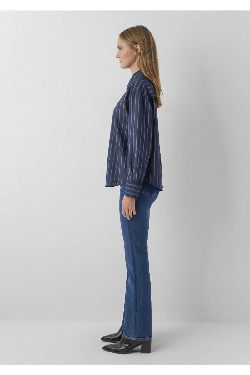 Mavi Çizgili Lacivert Oversize Kadın Gömlek 1220417-89853 - 4