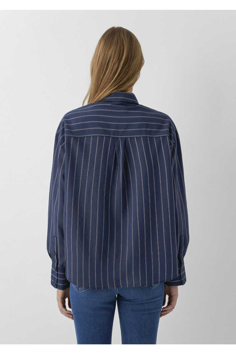 Mavi Çizgili Lacivert Oversize Kadın Gömlek 1220417-89853 - 5
