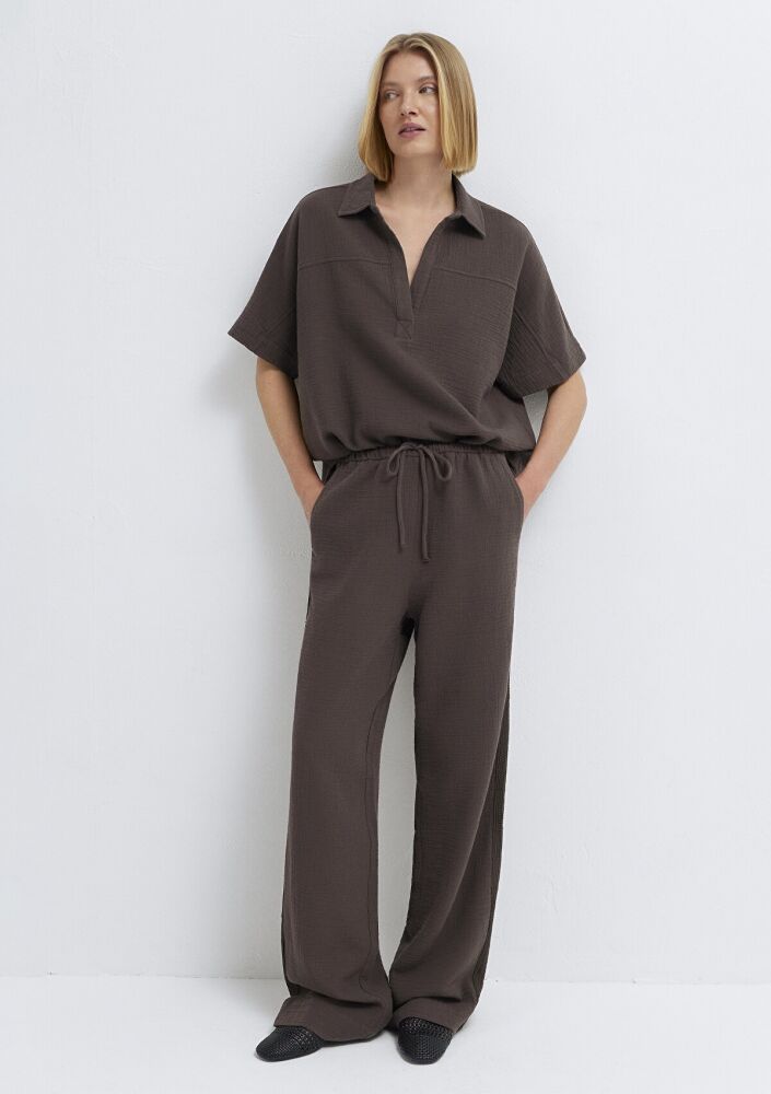 Mavi Dokulu Kahverengi Oversize Kadın Bluz 1211467-71603 (1)