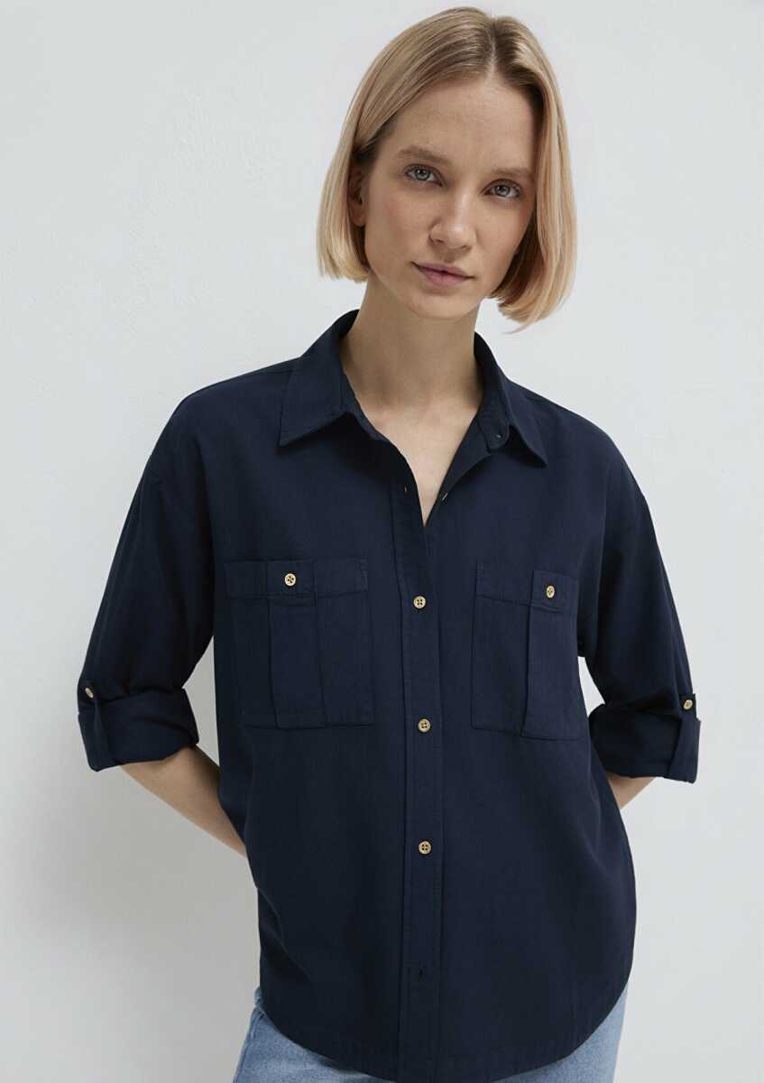Mavi Düğme Detaylı Lacivert Loose Fit Kadın Gömlek 1211383-70492 - 2