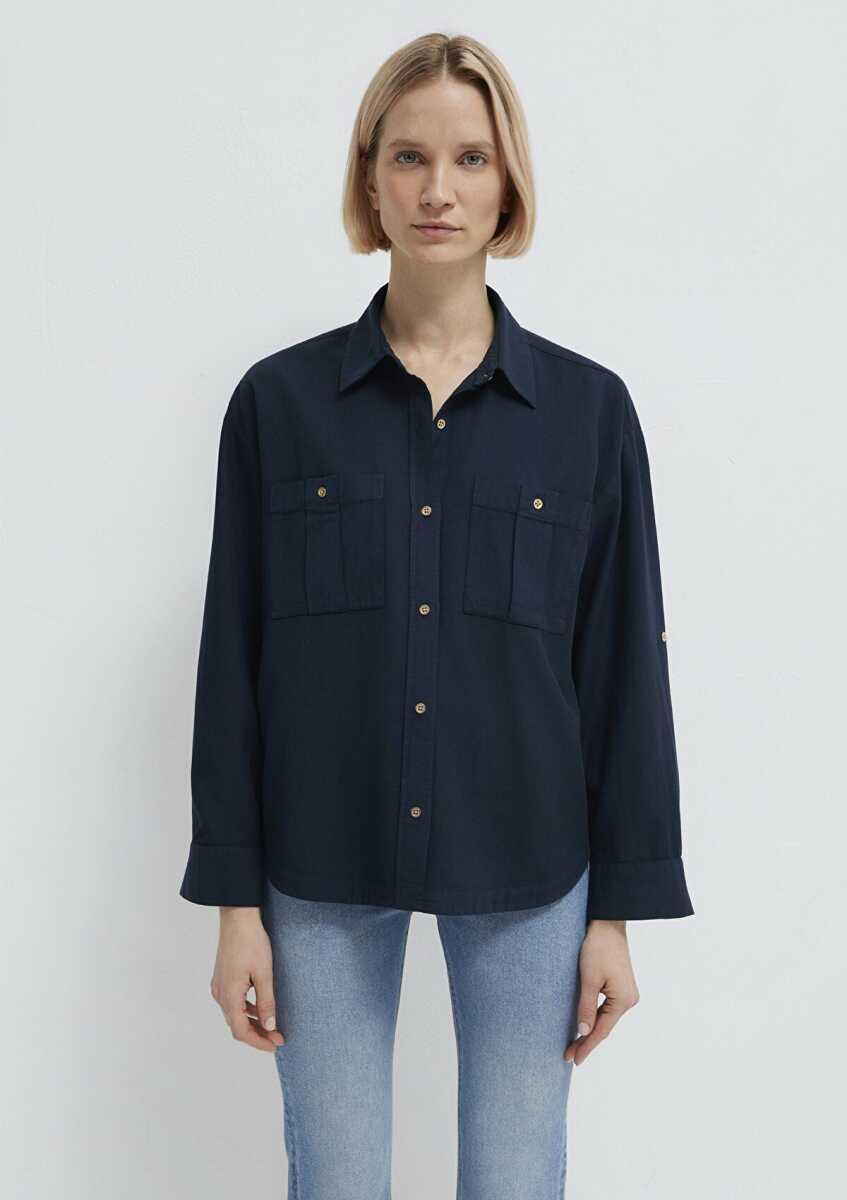 Mavi Düğme Detaylı Lacivert Loose Fit Kadın Gömlek 1211383-70492 - 4
