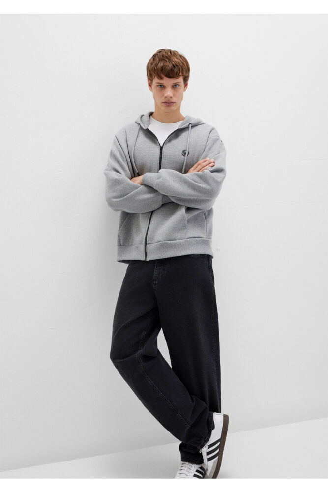 Mavi Fermuarlı Gri Melanj Erkek Sweat 066979-34686
