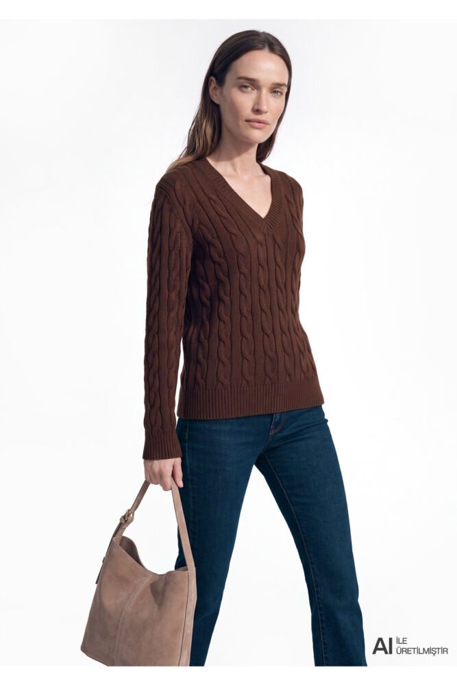 Mavi İpek Karışımlı V Yaka Kahverengi Slim Fit Kadın Kazak 1710720-88083