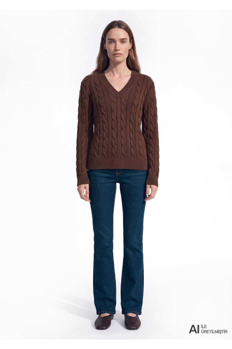 Mavi İpek Karışımlı V Yaka Kahverengi Slim Fit Kadın Kazak 1710720-88083 - 2