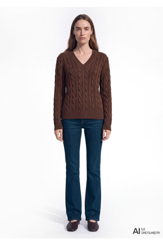 Mavi İpek Karışımlı V Yaka Kahverengi Slim Fit Kadın Kazak 1710720-88083 (1)
