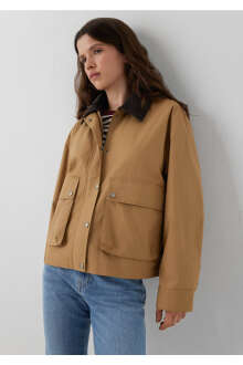 Mavi Kadife Yaka Detaylı Bej Loose Fit Kadın Ceket1110916-81388