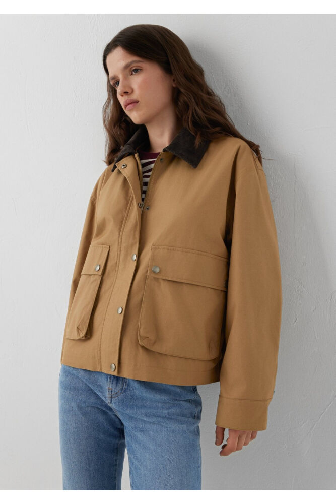 Mavi Kadife Yaka Detaylı Bej Loose Fit Kadın Ceket1110916-81388