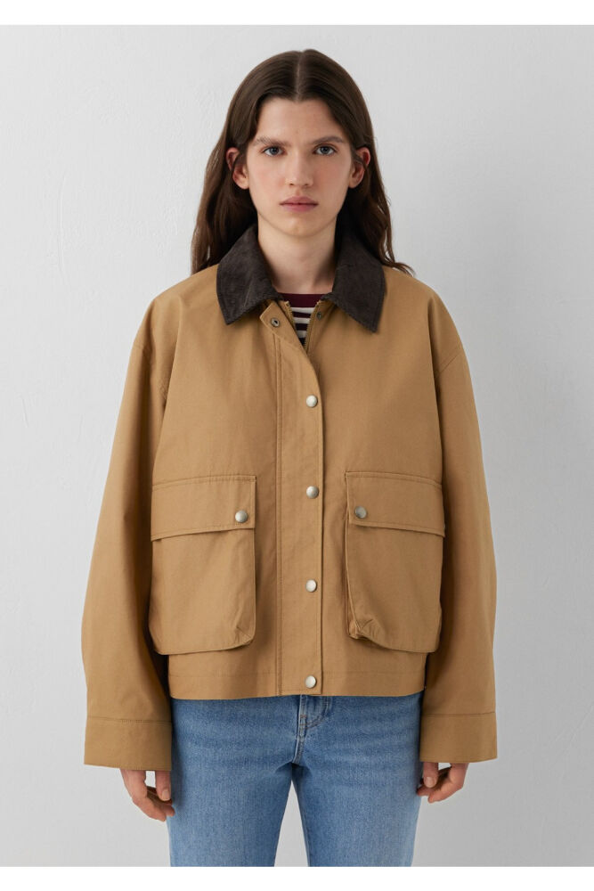 Mavi Kadife Yaka Detaylı Bej Loose Fit Kadın Ceket1110916-81388 (1)