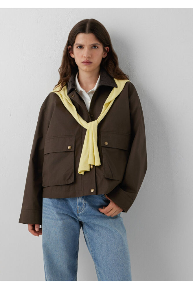 Mavi Kadife Yaka Detaylı Kahverengi Loose Fit Kadın Ceket 1110916-71541