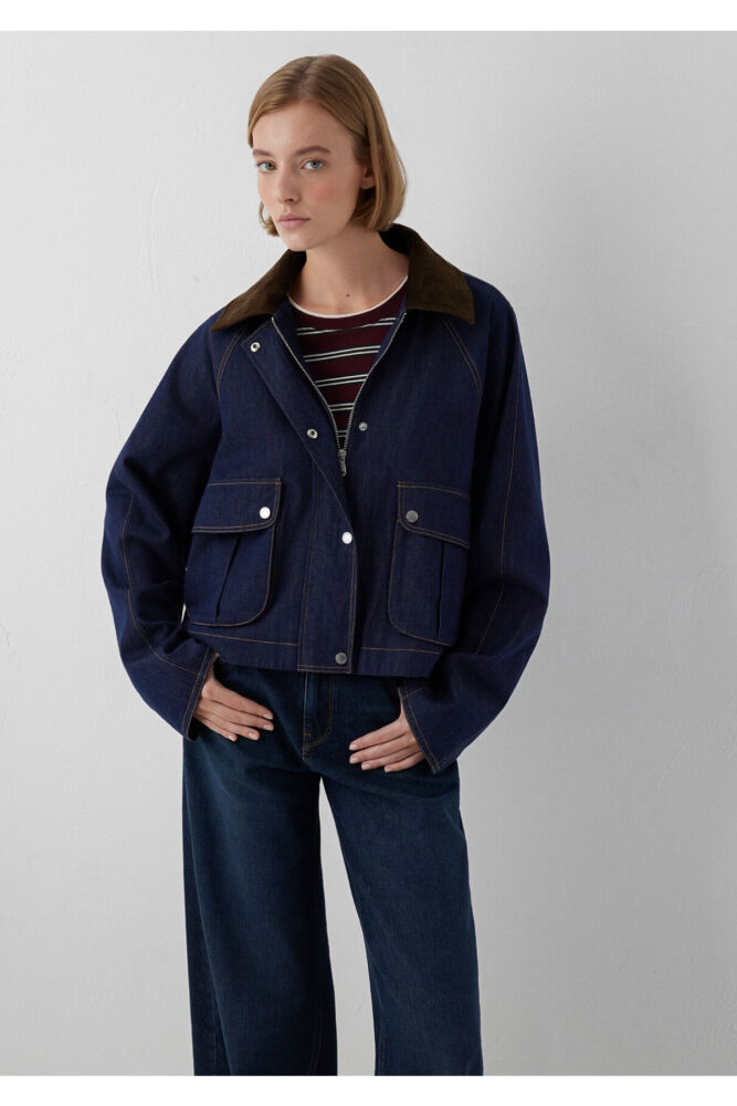 Mavi Kadife Yakalı Lacivert Loose Fit Kadın Denim Ceket 1110913-86971