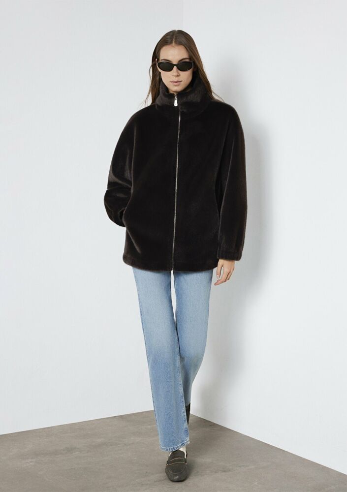 Mavi Kahverengi Peluş Oversize Kadın Ceket 1110597-89103 (1)