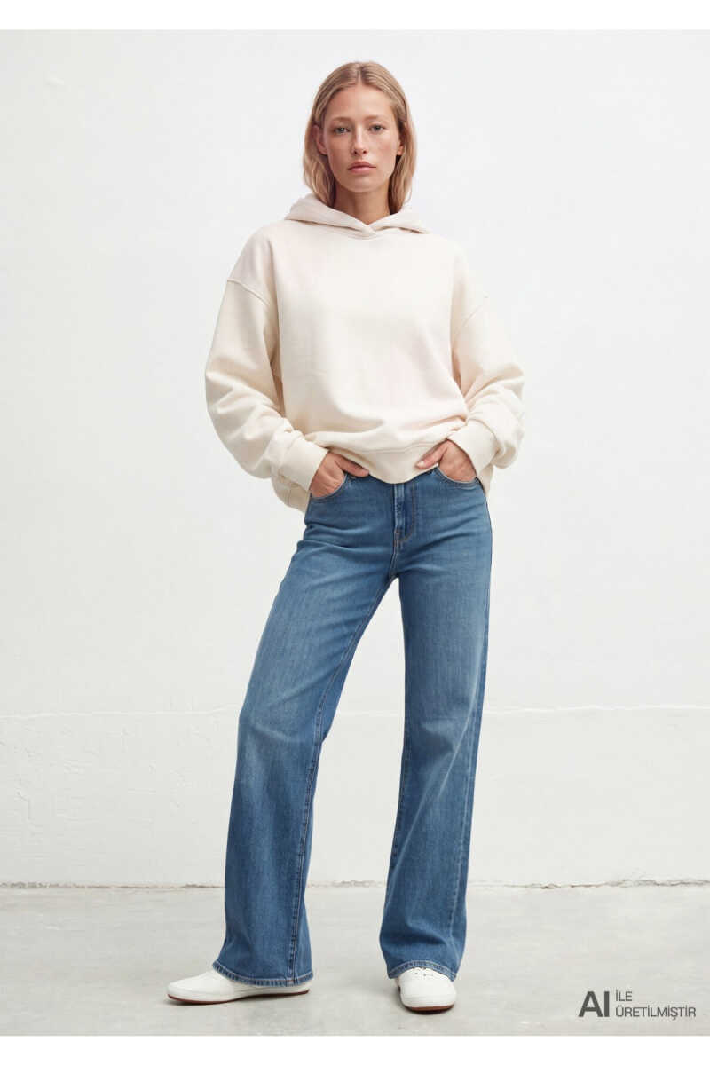 Mavi Kapüşonlu Ekru Basic Loose Fit Kadın Sweatshirt1S10575-83043 - 1