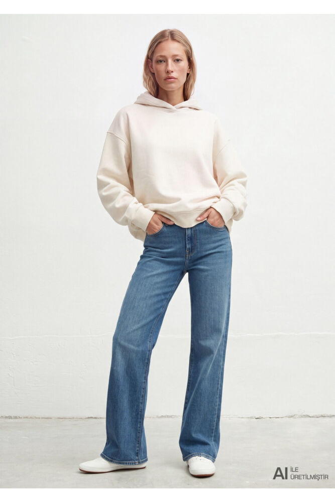Mavi Kapüşonlu Ekru Basic Loose Fit Kadın Sweatshirt1S10575-83043
