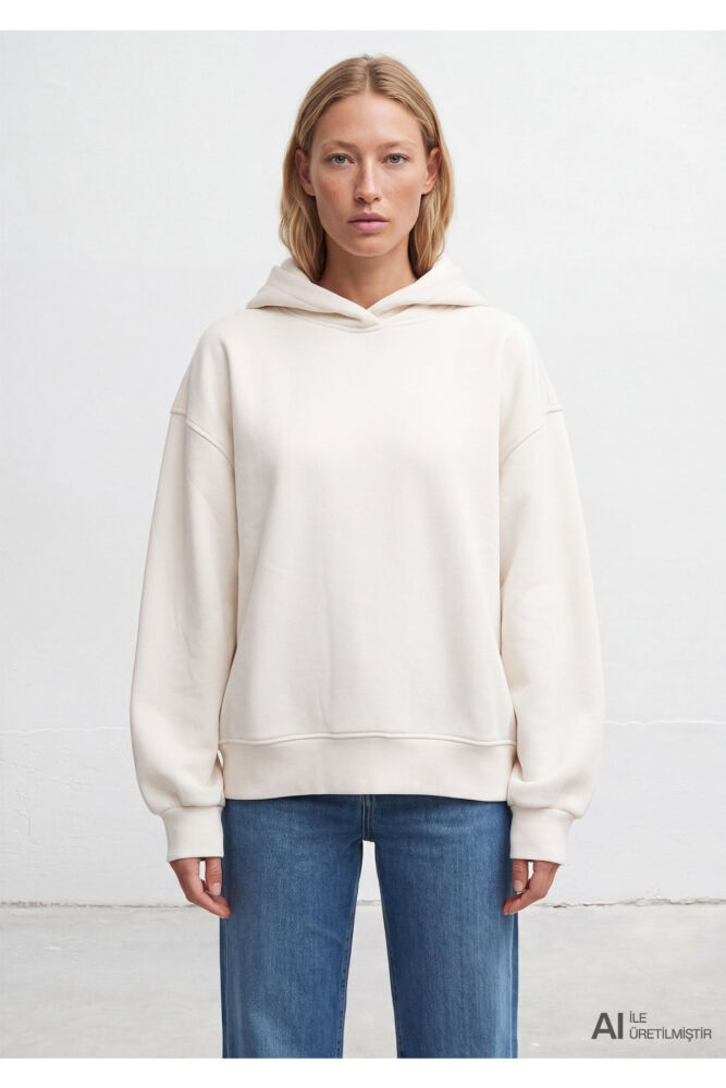 Mavi Kapüşonlu Ekru Basic Loose Fit Kadın Sweatshirt1S10575-83043 (1)