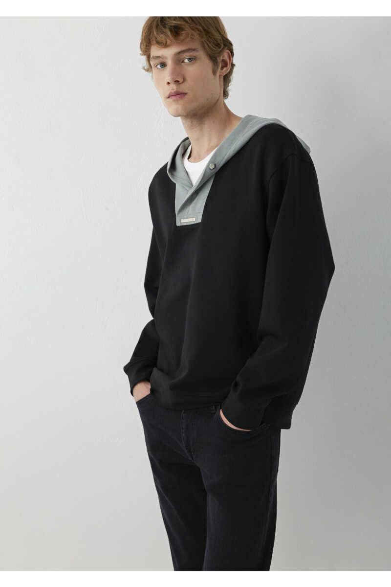 Mavi Kapüşonlu Siyah Erkek Sweat 0S20123-900 - 1