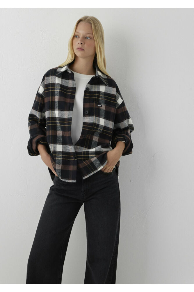 Mavi Kareli Kahverengi Loose Fit Kadın Gömlek 1211296-A6688 (1)