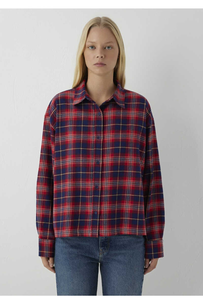 Mavi Kareli Kırmızı Oversize Kadın Gömlek 1220279-A6690 - 3
