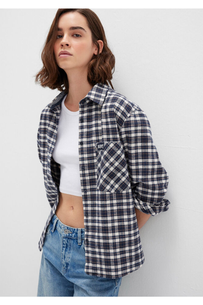 Mavi Lacivert Ekose Loose Fit Kadın Gömlek 1211301-81617