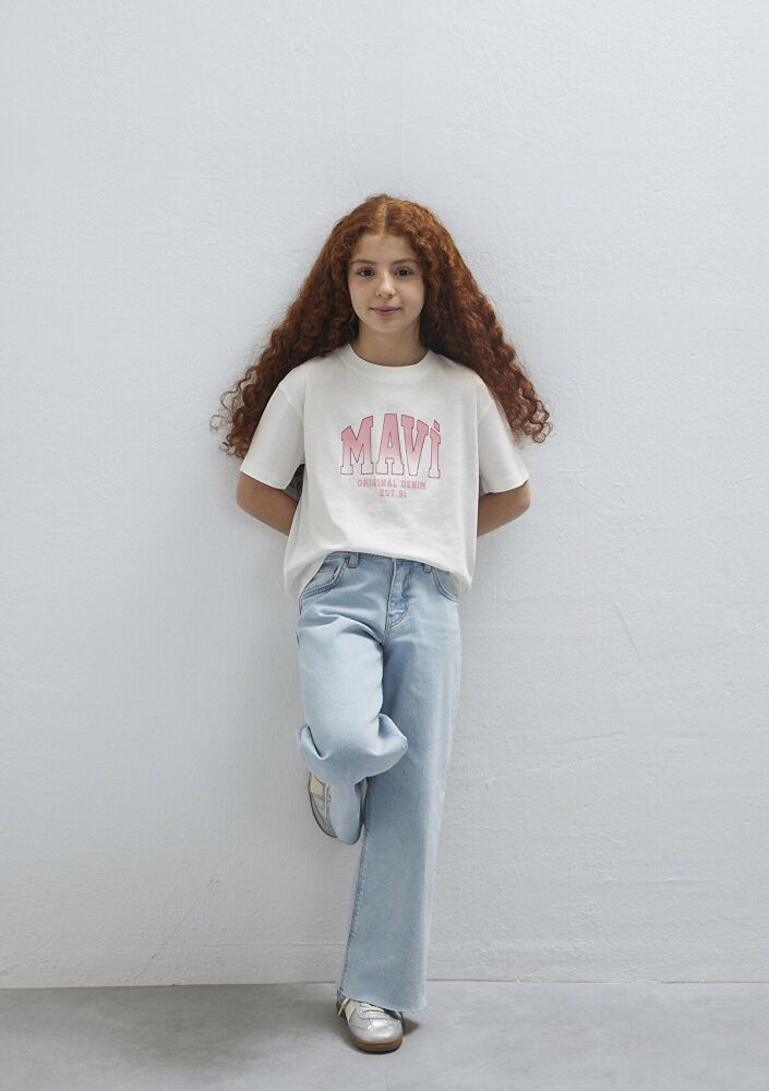 Mavi Logo Baskılı Ekru Loose Fit Çocuk Tişört 7610386-70057