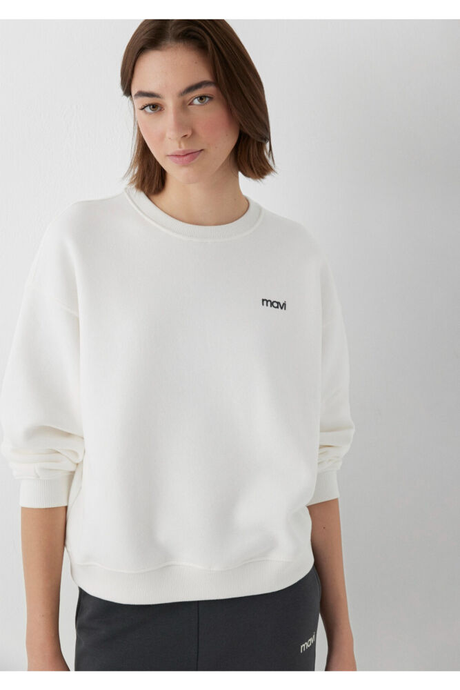Mavi Logo Baskılı Ekru Loose Fit Kadın Sweatshirt 1S10490-80194