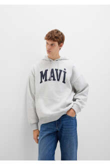 Mavi Logo Baskılı Kapüşonlu Gri Oversize Erkek Sweatshirt 067149-80196