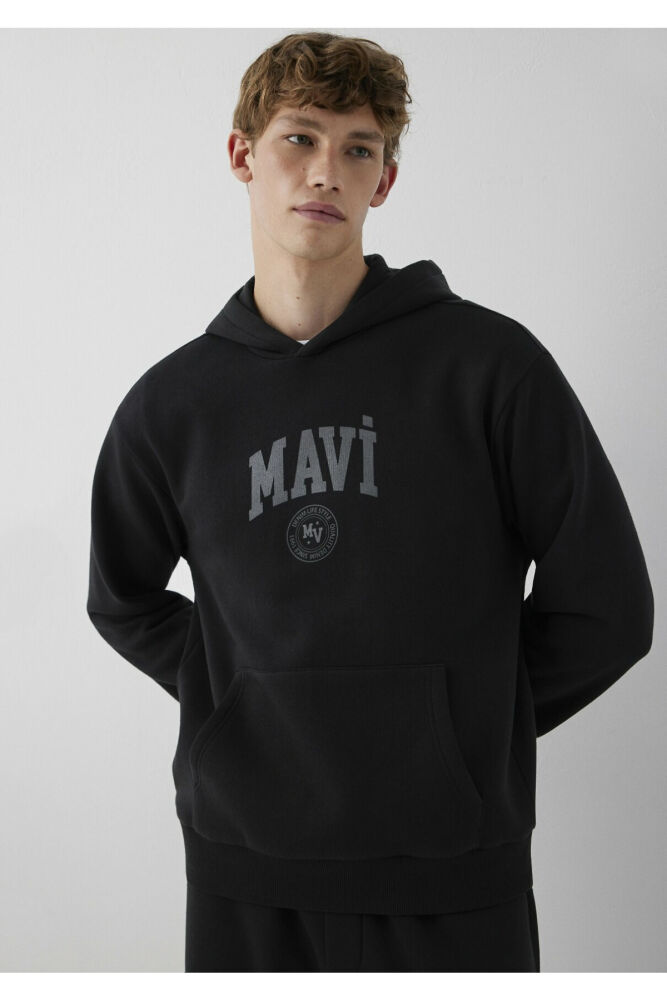 Mavi Logo Baskılı Kapüşonlu Siyah Loose Fit Erkek Sweatshirt 0S10646-900