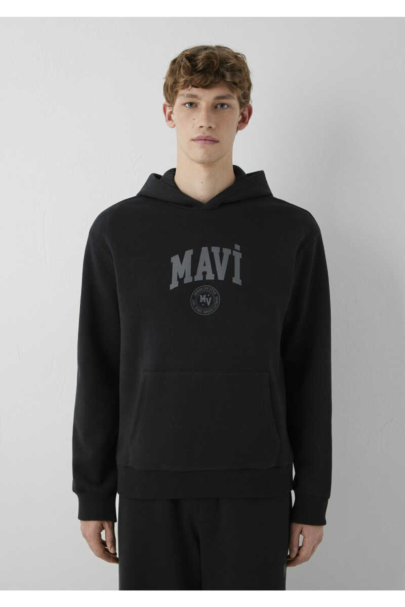 Mavi Logo Baskılı Kapüşonlu Siyah Loose Fit Erkek Sweatshirt 0S10646-900 - 4