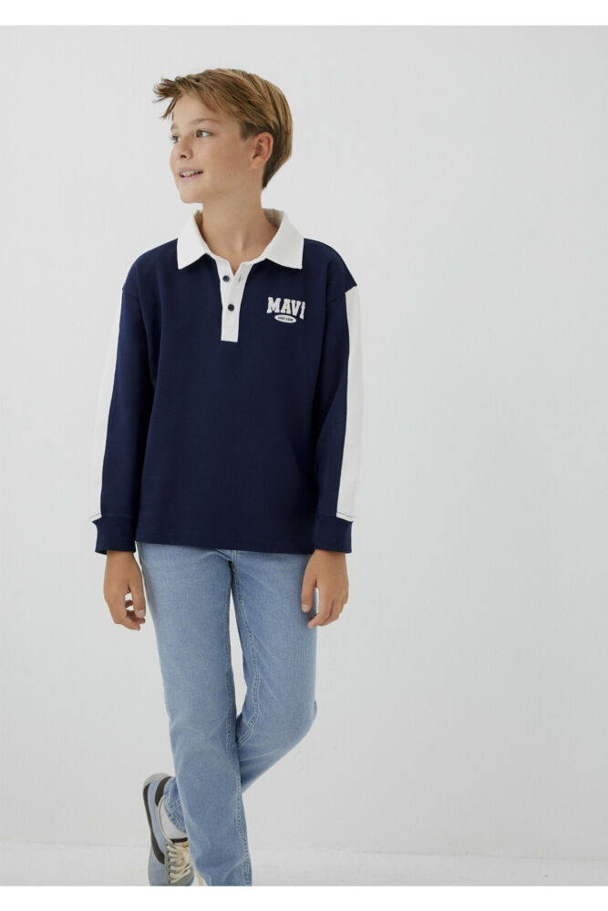 Mavi Logo Baskılı Lacivert Oversize Çocuk Polo Sweatshirt 6S10185-84371