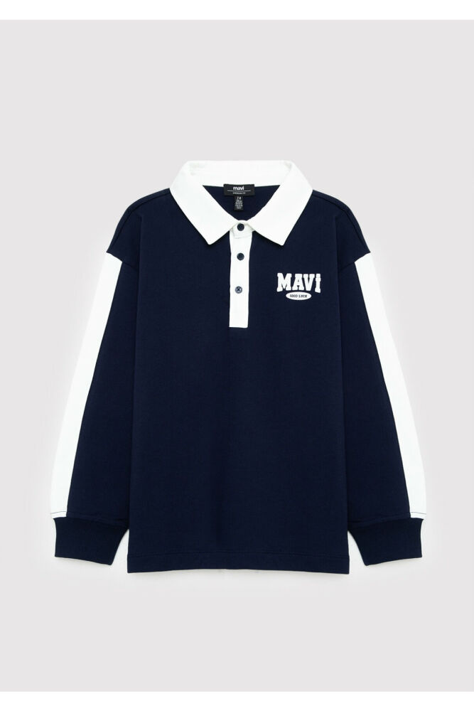 Mavi Logo Baskılı Lacivert Oversize Çocuk Polo Sweatshirt 6S10185-84371 (1)